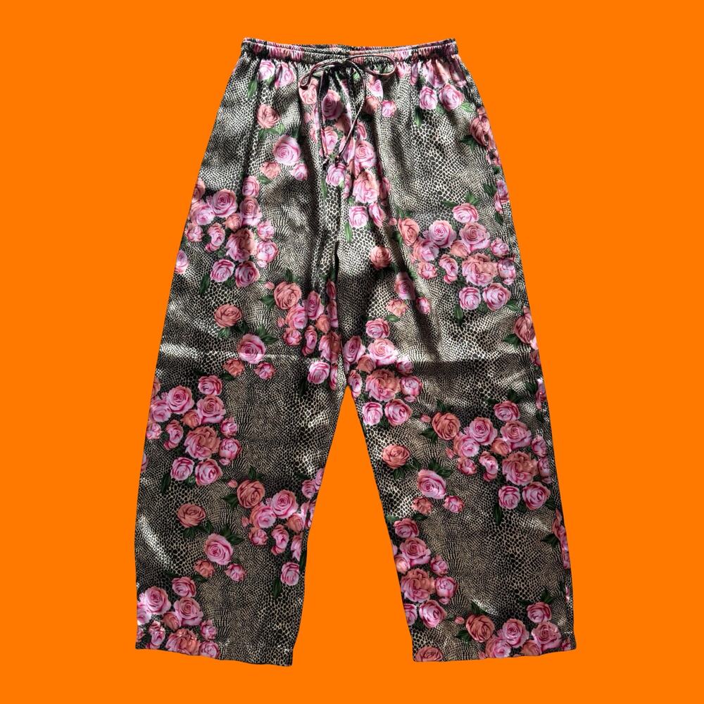 00's vintage leopard floral satin y2k pajama pants trousers S/M cruz